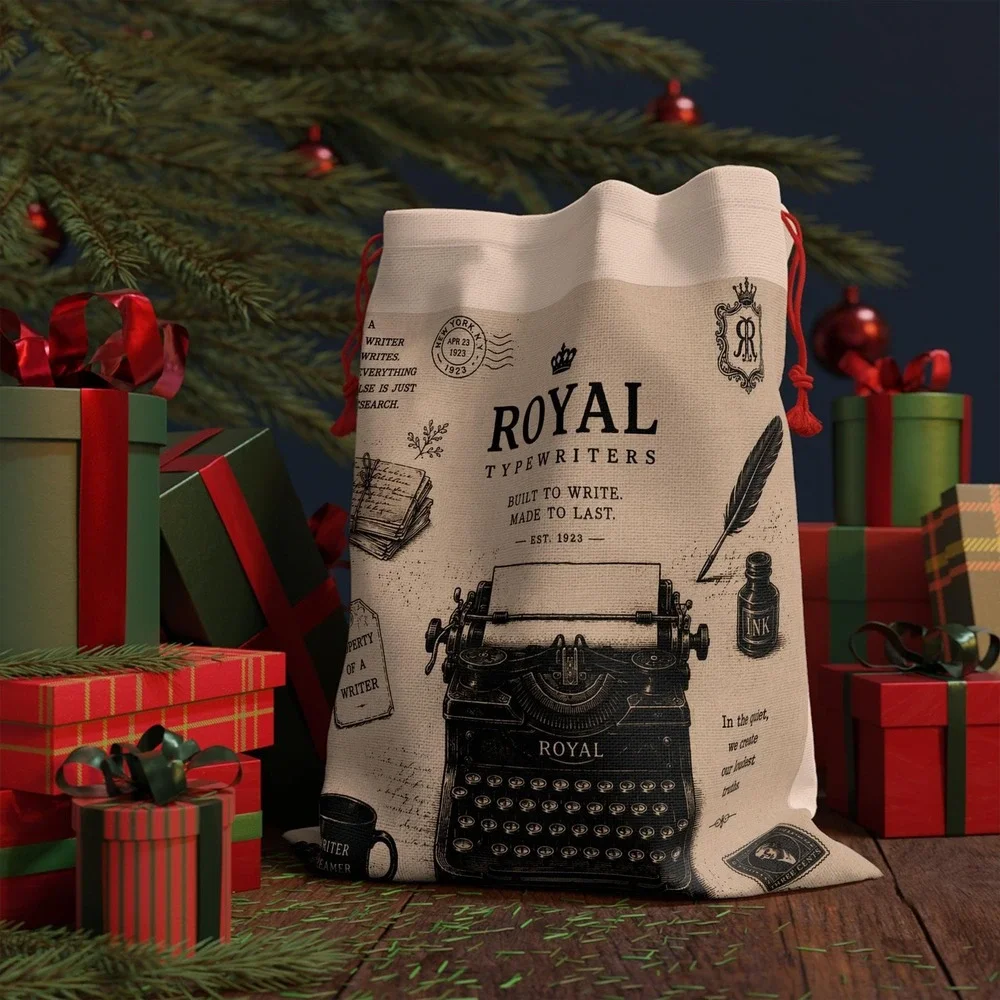 Vintage Royal Typewriter Gift Bag | Retro Writing Illustration, Drawstring Pouch